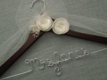 wedding photo - Personalized Wedding Hanger, IVORY Flowers, Bridal Hanger, Wedding Name Hanger,Wedding Dress hanger, Custom Wedding Hanger