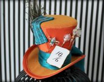 wedding photo - Mad Hatter Hat, Mini Top Hat, Fascinator, Mini Hat, Top Hat, Mini Hats, Tea Party Hat, Wedding Hat, Women Top Hat, Orange Mini Top Hat