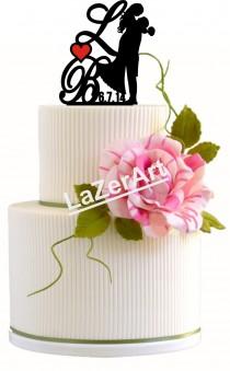 wedding photo - Custom Wedding Cake Topper Forever Yours Silhouette Groom and Bride with Initials