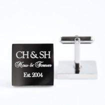 wedding photo - Engraved personalized square silver cufflinks - Christmas, Anniversary, wedding, couple monogram cufflinks "Now & Forever" (stainless steel)