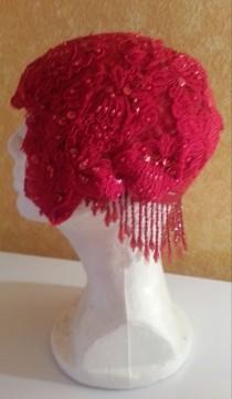wedding photo - Red Gatsby Roaring 20's Flapper Style Crochet Beaded Lace Waterfall Headpiece Hat Bridal Club Party Costume