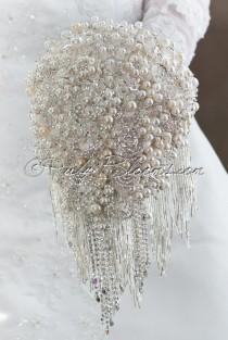 wedding photo - Cascading Silver White Wedding Brooch Bouquet. Deposit - "Pearly Waterfall" Cascading White Wedding Bouquet. Silver Bridal Broach Bouquet