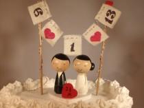 wedding photo - Custom Kokeshi Cake Wedding Toppers with Base, Bunting and Heart, Love Bunting, Mr and Mrs Bunting