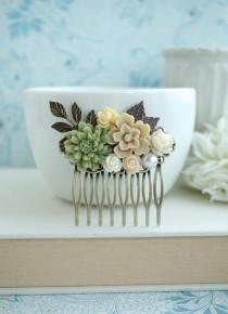 wedding photo - Fall Shabby Wedding Comb. Nature, Brown, Green Rustic, Ivory Rose, Leaf Flower Hair Comb. Bridesmaids Gift. Green and Brown Country Wedding