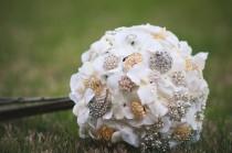 wedding photo - Handmade, Custom Brooch Bouquet composed of Faux Hydrangeas in white with Gold & Silver Rhinestone Brooches