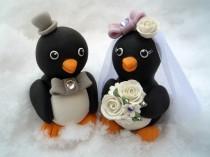 wedding photo - Penguin wedding cake topper - love birds with banner for names and date, 3.3" tall
