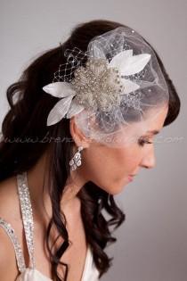 wedding photo - Crystal Rhinestone Beaded Flower Bridal Hair Piece with Vintage Velvet Leaves, Tulle Pouf, Netting Accents - Phoenix