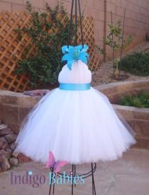 wedding photo - Tutu Dresses, Tutu Dress, Flower Girl Dress, Pure White Tulle, Turquoise Blue Ribbon, Blue Flower, Formal Dresses, Portrait Dress, Wedding