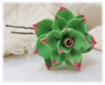 wedding photo - Large Pink Tipped Succulent Hair Pin - Green Hair Flower, Succulent Hair pin, Green Pink Flower, Succulent Hair Accessory
