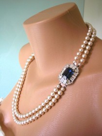 wedding photo -  Sapphire Necklace, Pearl Necklace, Great Gatsby Jewelry, Statement Necklace, Pearl Choker, Wedding Necklace, Bridal Jewelry, Art Deco, Blue
