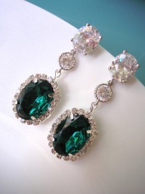 wedding photo -  Emerald Bridal Earrings , Bridal Drop Earrings , CZ Earrings , Cubic Zirconia, Wedding Earrings, Oval, Halo, Rhinestone, Bridal Jewelry