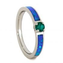 wedding photo -  Round Emerald Engagement Ring with Opal in Palladium