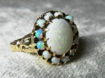 wedding photo - Opal Ring 2.25 Carat Opal Engagement Antique Australian Blue Opal Halo Ring October Birthday