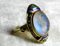 wedding photo - Moonstone Engagement Ring Rare Moonstone Intaglio Enamel Cape Cod Estate Art Nouveau Antique Ring 14K Seed Pearl 1890