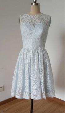 wedding photo - 2015 A-line Pale Blue Lace Short Bridesmaid Dress with Back Buttons