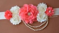wedding photo - Coral Elegance Maternity Sash/ Pregnancy Photo Prop/ Baby Girl/  Vintage Belly Band/ Baby Shower/ Mommy to Be/ Ivory Sash/ Blush Pink