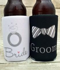 wedding photo - Bride and Groom Wedding Can Cooler Set - Engagement Gift and Wedding Shower Gift, Custom Beer Hugger, Beverage Insulators