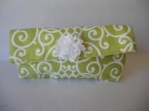 wedding photo - Mint with white scroll design cotton clutch with lace flower accent. Wedding, Prom, Quinceanera.