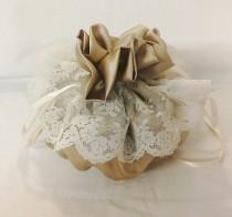 wedding photo - Wedding Drawstring Pouch  - Bridal Purse - Communion- James Hare Imperial Silk Iced Coffee with Nottingham Scallop Lace