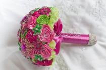 wedding photo - Crystal Hot Pink Wedding brooch bouquet. Deposit "Summer Blooms" Lime Green, Silver, Magenta Pink, Hot Pink Bridal Broach Bouquet