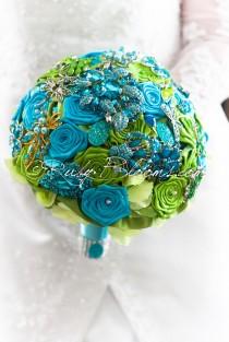 wedding photo - Blue and Green Wedding Brooch Bouquet. Deposit – “Caribbean Azure”. Heirloom, Hot Lime Green Brooch Bouquet. Bridal Broach Bouquet