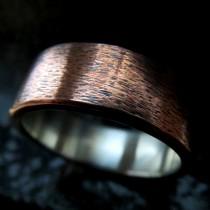 wedding photo - Mens Wedding Ring Unusual Rustic Steampunk Subtle Texture Copper and Fine Silver Band 8mm Design 0101CS