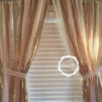 wedding photo - Pink & Gold Sparkle Sequin Garland Curtain with Lace - Nursery Decor, Curtain, Crib Garland, Window Treatment