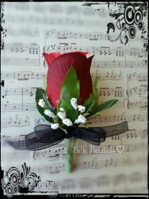 wedding photo - Red & Black Boutonniere rose Groom groomsman bridal silk wedding flowers