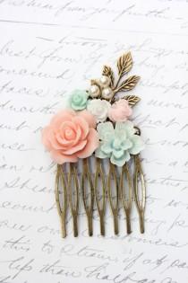 wedding photo - Romantic Bridal Hair Comb Pink and Aqua Floral Collage Comb Wedding Rose Comb White Pearls Bridal Hair Accessories Pretty Bridesmaids Gift