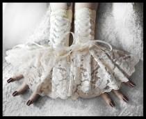 wedding photo - Solstice Corset Laced Up Fingerless Glove Wrist Cuffs - Ivory Lace White Ribbon - Lolita Rococo Fusion Bellydance Regency Aristocrat Bridal