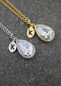 wedding photo - Pear Shape Cubic Zirconia Pendant Personalized Initial Necklace