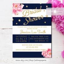 wedding photo - Bridal Shower Invitation, Printable Bridal Shower Invite, Peony Invitation, Shower, DIY, Navy Stripes, Glitter, Birthday,  jadorepaperie