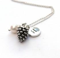 wedding photo - Pine cone necklace - Christmas Gift Idea - Bridesmaid necklace - Initial necklace - Silver pine cone pendant - Nature necklace - Woodland