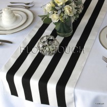 wedding photo - Black and White Stripe Table Runner Wedding Table Runner with white stripes on the borders