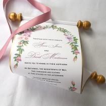 wedding photo - Boho chic wedding invitations, scroll invitations, watercolor roses, mauve pink and gold, bohemian wedding invitations, {10}