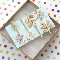 wedding photo - Gold Leaf Bobby Pin and Gold Branch Simple Bobby Pin, Set of 4 Gold Bobby Pin