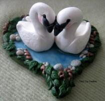 wedding photo - Wedding Cake Topper, Swans, Swan, Custom Polymer Clay Wedding/Anniversary Keepsake, Heart shaped Lake