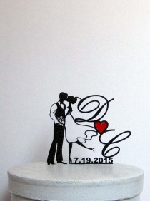 wedding photo - Custom Wedding Cake Topper - with Your initials, wedding date and Red Heart