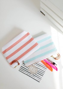 wedding photo - Striped Makeup Bag Set with Leather Pull, Coral, Aqua, Set of 2, Back to School Organization