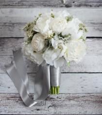 wedding photo - Ivory Peony and Ranunculus Wedding Bouquet with Dusty Miller and Berries