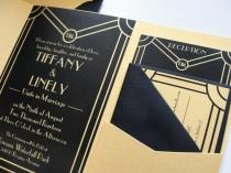 wedding photo - Deco Scroll Shimmer / Silver or Gold / Pocket Fold Wedding Invitation Set & Envelopes / Art Deco Gatsby / Shimmer Finish
