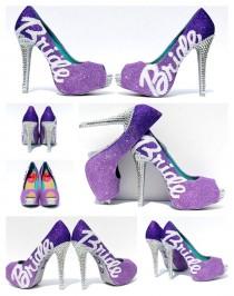 wedding photo - Purple and Silver BRIDE Shoes - Silver Swarovski Crystal Wedding Heels - Purple Ombre Glitter Peep Toe Bridal Shoes - "I Do"