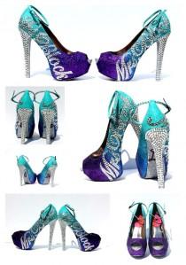 wedding photo - Wedding Shoe, Bridal Shoe: Peep Toe, High Heels, Ankle Strap, Mint and Purple Ombre Glitter, Last Name, Silver Bling, "I Do", Purple Crystal