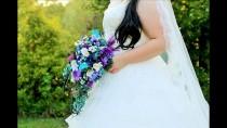 wedding photo - Cascading bridal bouquet "Anjelica"  with teal hydrangeas, purple calla lilies and orchids, peacock feather accent