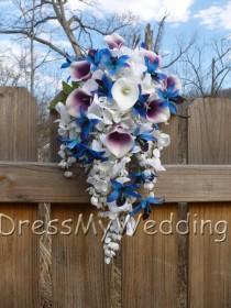 wedding photo - Cascading Purple blue dendrobium orchid bouquet, hydrangeas, wisterias, picasso calla lilies