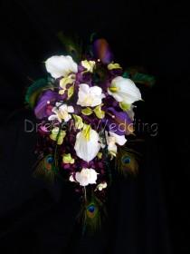 wedding photo - Plum purple cascading bouquet, white and plum calla liles,  hydrangeas, orchids, lime green accent,  eggplant purple bouquet
