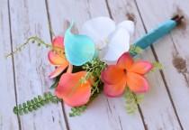 wedding photo - Small Wedding Coral Orange and Turquoise Teal Natural Touch Orchids, Callas and Plumerias Silk Flower Small Bridesmaid Bride Bouquet