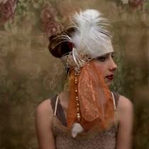 wedding photo - Peach and ivory bridal 1920s Flapper headdress.  Bohemian wedding headdress. Downton Abbey headpiece.