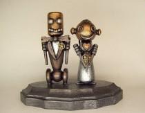 wedding photo - Robot Wedding Cake Topper Classic Bride and Groom Wood Statues