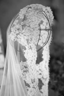 wedding photo - Wedding Veil - Hip Length Mantilla with Vintage French Alencon Lace and  Vintge Faux Pearls, Design at Crown